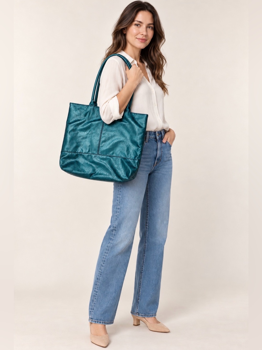 Saks Fifth Avenue Metallic Jade Oversized Tote Bag NWT